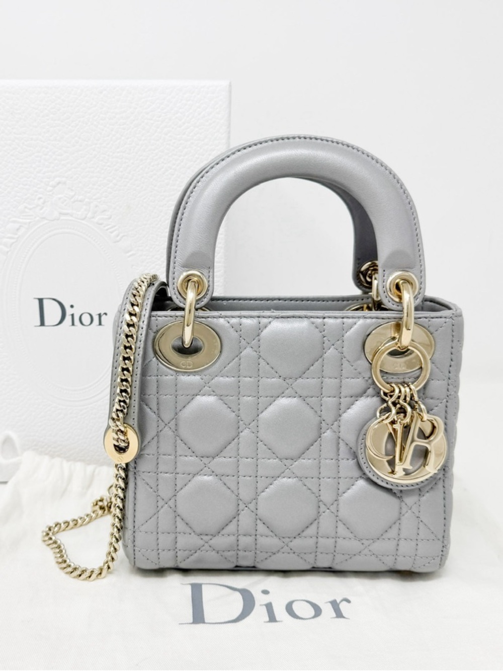 Dior Mini Lady Dior Leather Top-Handle Bag in Light Gray